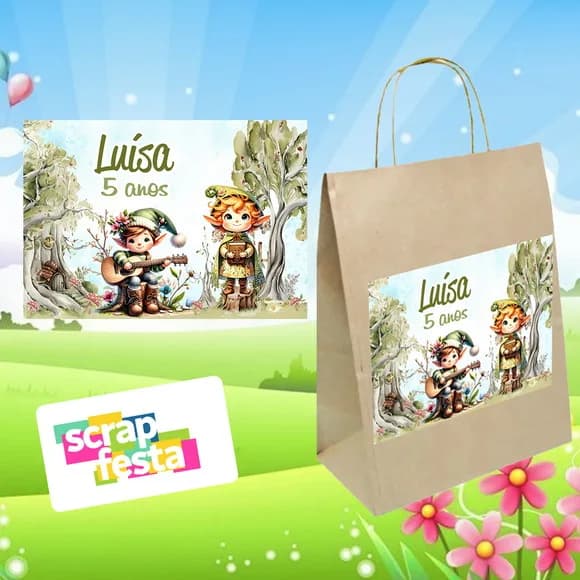 Sacola Papel Pardo Bosque Floresta Encantado Gnomos Aquarela