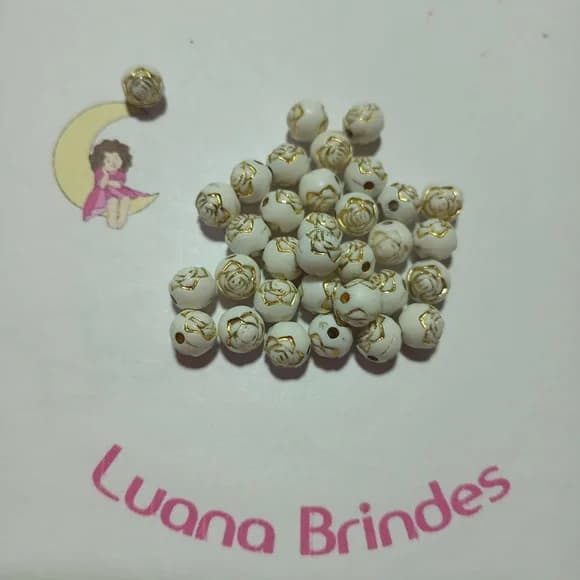 Bolinha Branca com Flor Dourada 8mm Pct 100 Unidades