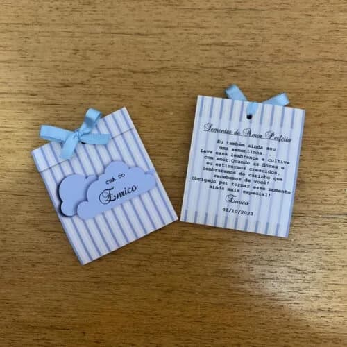 Lembrança Chá de Bebê Sachê Sementinha Nuvem Azul e Bege
