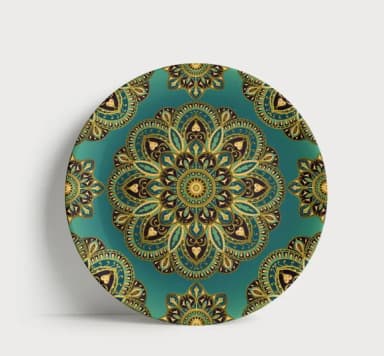 Prato Decorativo Mandala Turquesa e Dourado - Porcelana 21cm