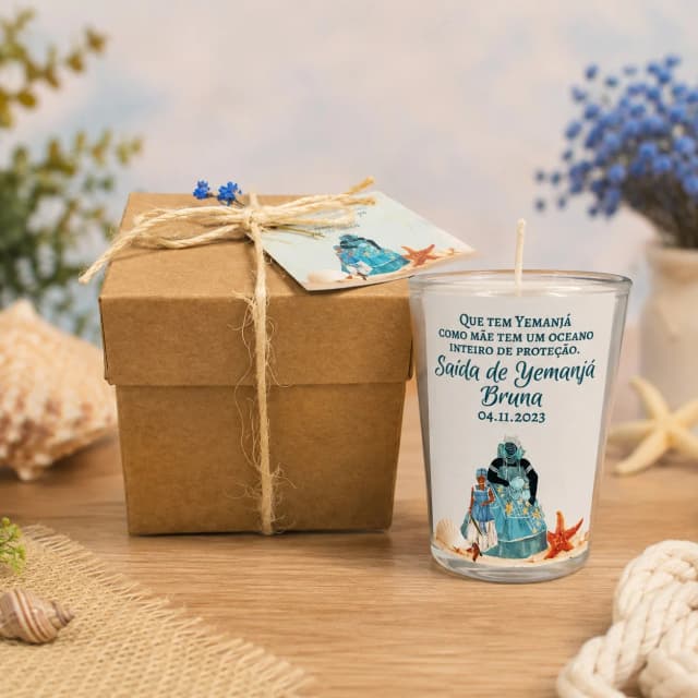 20 Unidades Vela Aromática no Copo Personalizada Orixa Iemanjá - Yemanjá - TRABALHAMOS COM QUALQUER TEMA