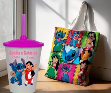 Kit Sacola Ecobag+ copo twister personalizado para lembrancinhas Lilli e Stitch