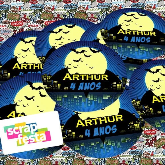 Adesivo 5cm Redondo Personalizado Festa Super Heróis Morcego