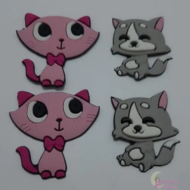 Apliques Gatinhas Rosa e Cinza de Borracha - Pct C/6 Unid