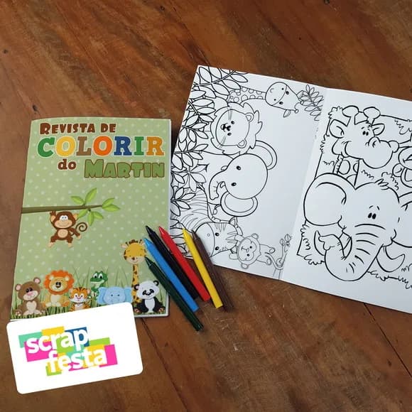 Revista Colorir + Giz de Cera Festa Safari