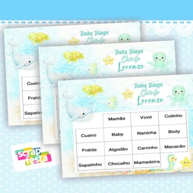 Bingo Festa Chá de Bebê Menino Fundo do Mar Aquarela
