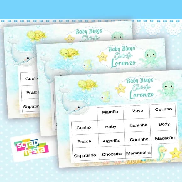 Bingo Festa Chá de Bebê Menino Fundo do Mar Aquarela