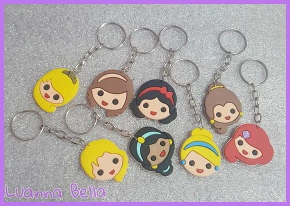 Chaveiros Carinhas Princesas de Borracha - Pct c/ 8 Unid