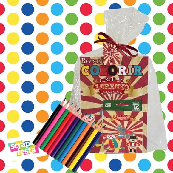 Revista Colorir+embalagem+lápis de Cor Festa Circo Vintage