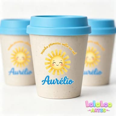 Mini Copo Primeira Volta ao Sol Eco Madeira 250ml com Tampa Bucks Primeira Volta ao Sol