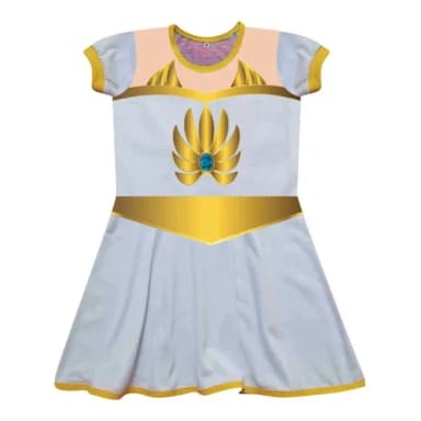Vestido Infantil Fantasia Princesa Guerreira Branca e Dourada com Emblema Real