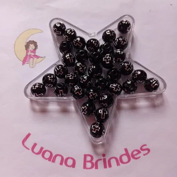 Bolinha Preta com Cruz Prata 8mm Pct 100 Unidades