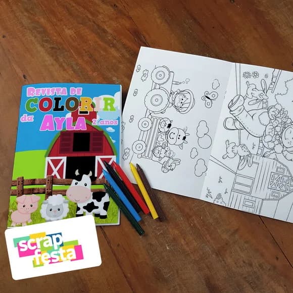 Revista Colorir + Giz de Cera Festa Fazendinha Menina Rosa