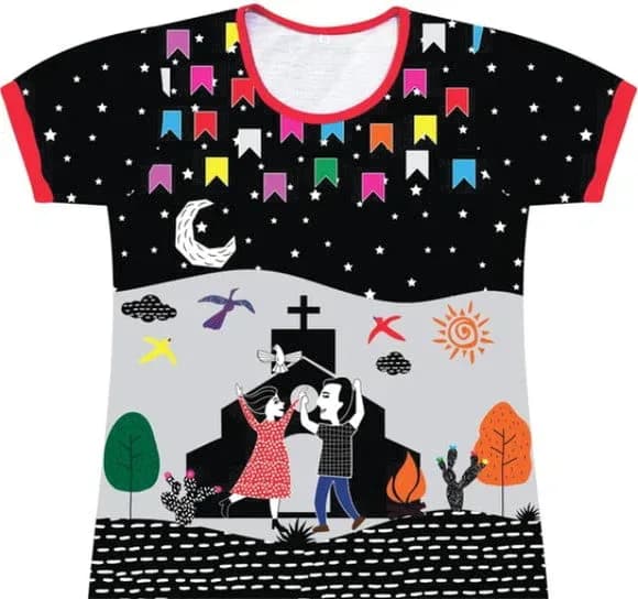 Blusa Adulto Fantasia Feminina Festa Junina Cordel - Blusa São João Dança e Fogueira Preta