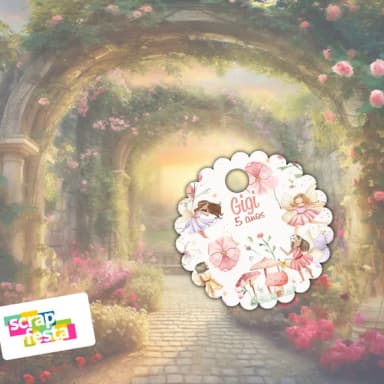 Tag Redonda Escalopada com Furinho Jardim das Fadas Aquarela