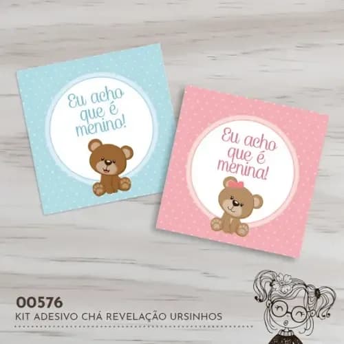 Kit Adesivos Quadrados Chá Revelação Ursinhos - 00576