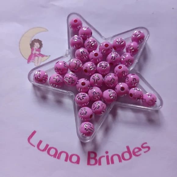 Bolinha Rosa com Cruz Prata 8mm Pct 100 Unidades