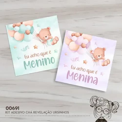 Kit Adesivos Quadrados Chá Revelação Ursinhos - 00691