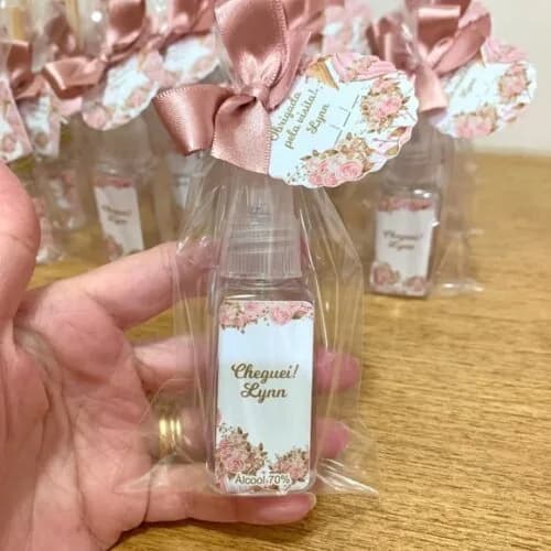 Álcool 70% Spray Lembrancinha maternidade floral rosê gold