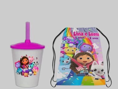 Kit Mochila e Copo Twister personalizado lembrancinhas A casa mágica da Gabby