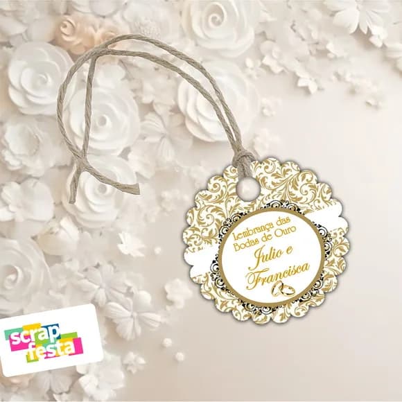 Tag Redonda + Fio de Rami Juta Casamento Bodas de Ouro