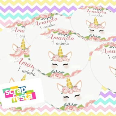 Adesivo 5 cm Redondo Personalizado Festa Unicórnio