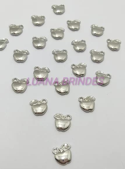 Pingente Mini Maçã de Metal Cor Prata - Pct C/12 Unid