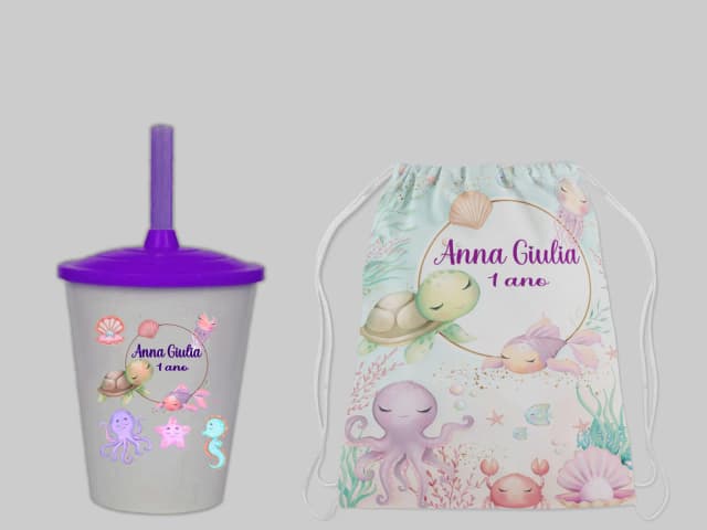 Kit Mochila e Copo Twister Personalizado lembrancinhas  do Fundo do Mar