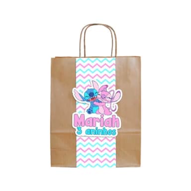 Sacolinha Kraft Stitch e Angel Personalizada com Aplique 3d