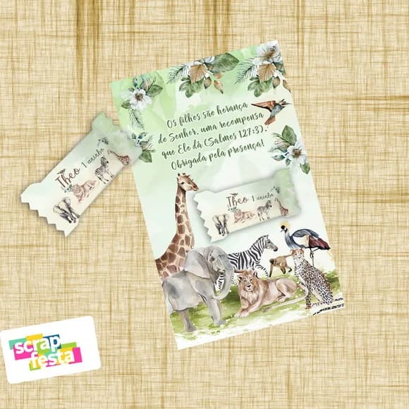 Card com Bala Personalizada Festa Safari Realista Aquarela