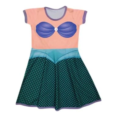 Vestido Infantil Fantasia Princesa Sereia Lilás e Verde com Cauda e Conchas