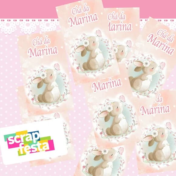 Adesivo Personalizado Retangular 4x7 Chá de Menina Coelha